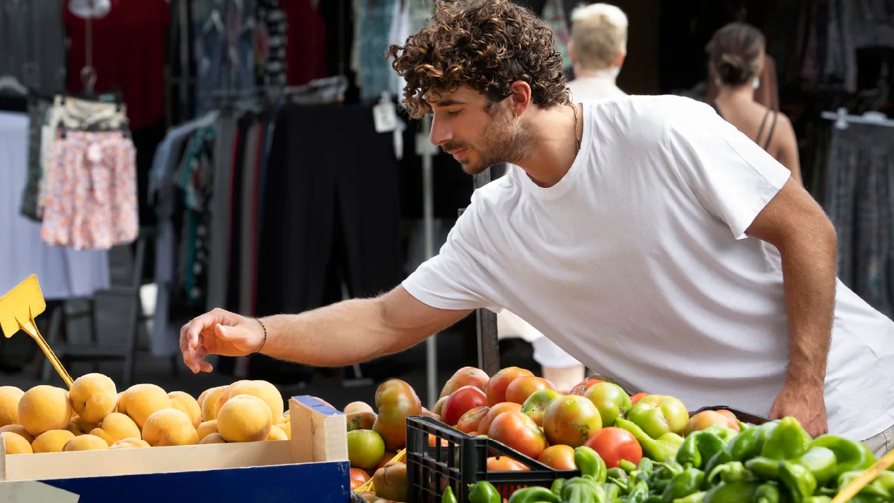 A shopper in a white t-shirt selecting fresh produce from crates at an outdoor market stall.