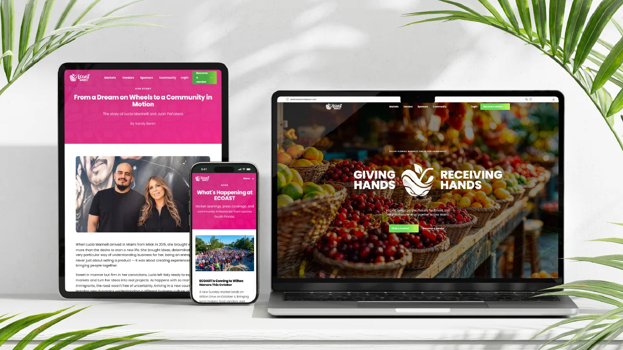 A laptop, tablet, and phone displaying pages from the new ECOAST Marketplace website, including the homepage and a news article.